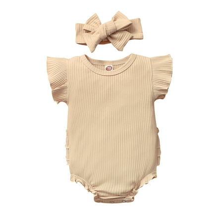 

Penkiiy Newborn Infant Baby Girls Fly Sleeve Ruffles Romper Bodysuit+Headbands Newborn Baby 12-18 Months Khaki on Clearance