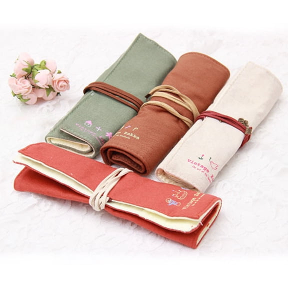 HEMOTON Vintage Canvas Rolling Pencil Bag with Retro Pendant for Pen Storage Assorted Color