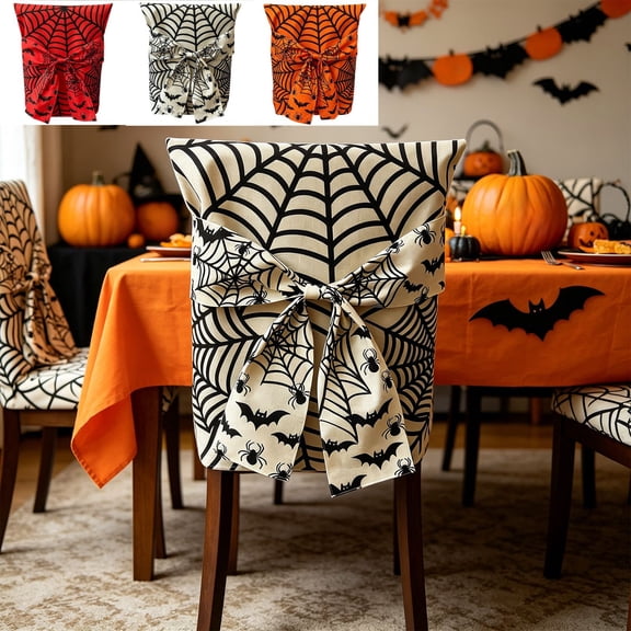 Halloween Dining Chair Covers with Bows, Spooky Decorative Chair Slipcovers, Festive Accent for Dining Room, Kitchen, Party, Banquet & Home Table Decoration, C