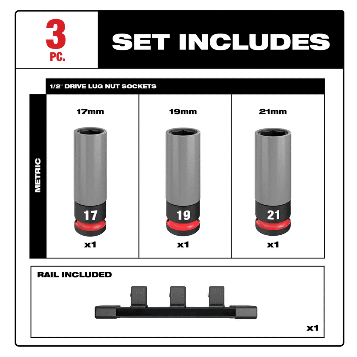 Milwaukee Tool SHOCKWAVE Impact Duty 1/2 Drive Metric 3PC Lug Nut Wheel Socket Set