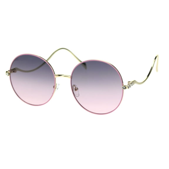 Womens Rhinestone Round Metal Rim Wavy Arm Luxury Sunglasses Gold Pink