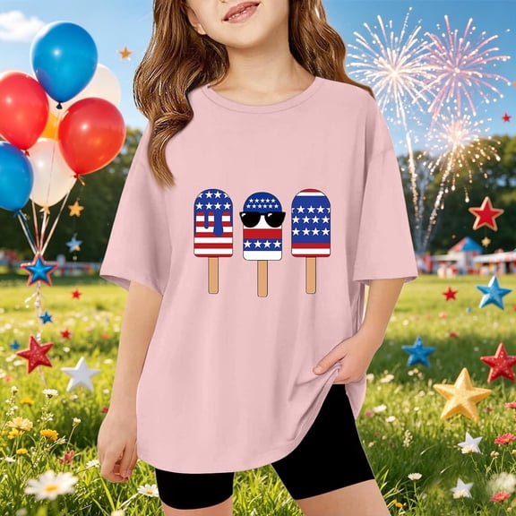 CCRFTGI 4th of July USA Shirts for Kids Girls Size 8 Short Sleeve Funny July 4th Celebration Summer Freedom T-Shirts Patriotic Teen Girl Clothes Tee Tops Pink 11-12 Years