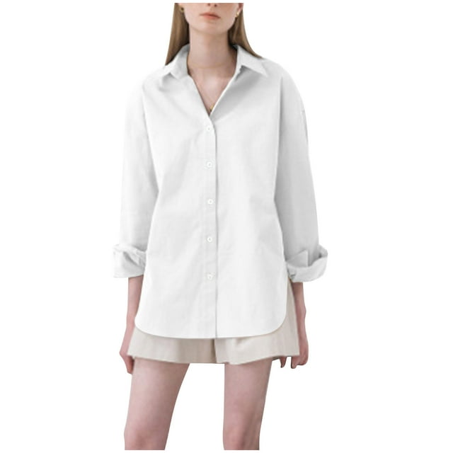 Bowake Button down Shirt for Women Lapel Long Sleeve Oversized Work Office Blouse Casual Solid Color Fall Tops