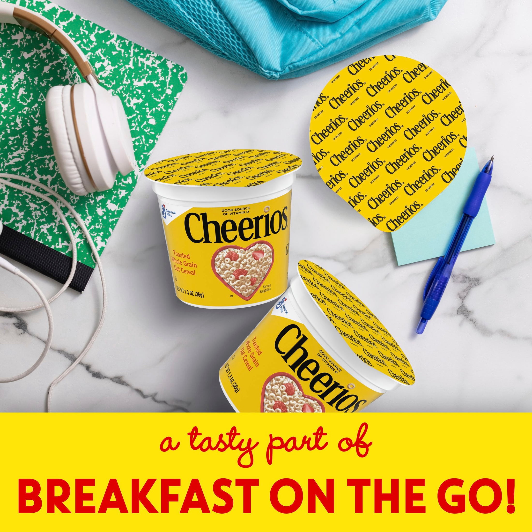 (4 pack) Cheerios Breakfast Cereal Cup, Gluten Free, Single Serve Cereal, 1.3 oz