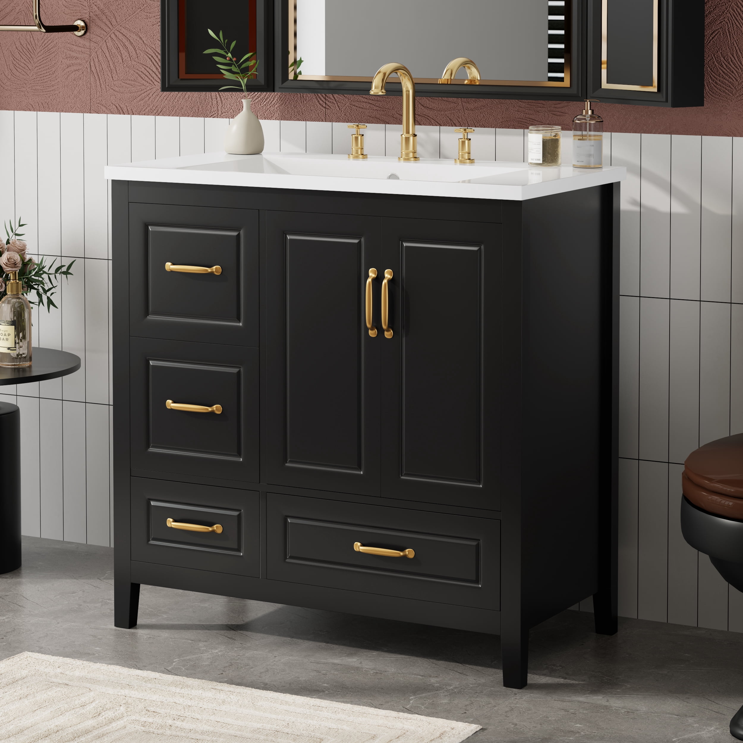 Euroco 36'' Freestanding Bathroom Vanity with Resin Sink, Gold Handles, Soft-Close Doors & Drawers, Open-Back Design
