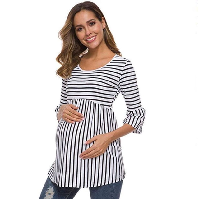 EGNMCR Blouse pour Enfants, Blouse et Chemise à Manches Longues à Col Rabattu Été Col Rond Manches 3/4 Imprimé à Rayures Grande Taille T-shirt Long Blouse pour Femmes Enceintes