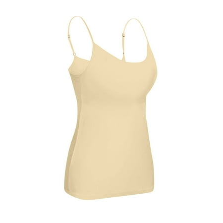 CHCNHAC Women s Tank Top with Shelf Bra Adjustable Spaghetti Strap Tank Top Solid Square Neck Padded Camisole Tops Trendy Layer Shapewear Khaki L