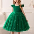 thumbnail image 2 of CAICJ98 Glossy Satin Flower Girl Dress V-Back Wedding Party Dresses for Toddler Girls Pearls First Communion Dresses with Bow Dark Green,18-24 Months, 2 of 3