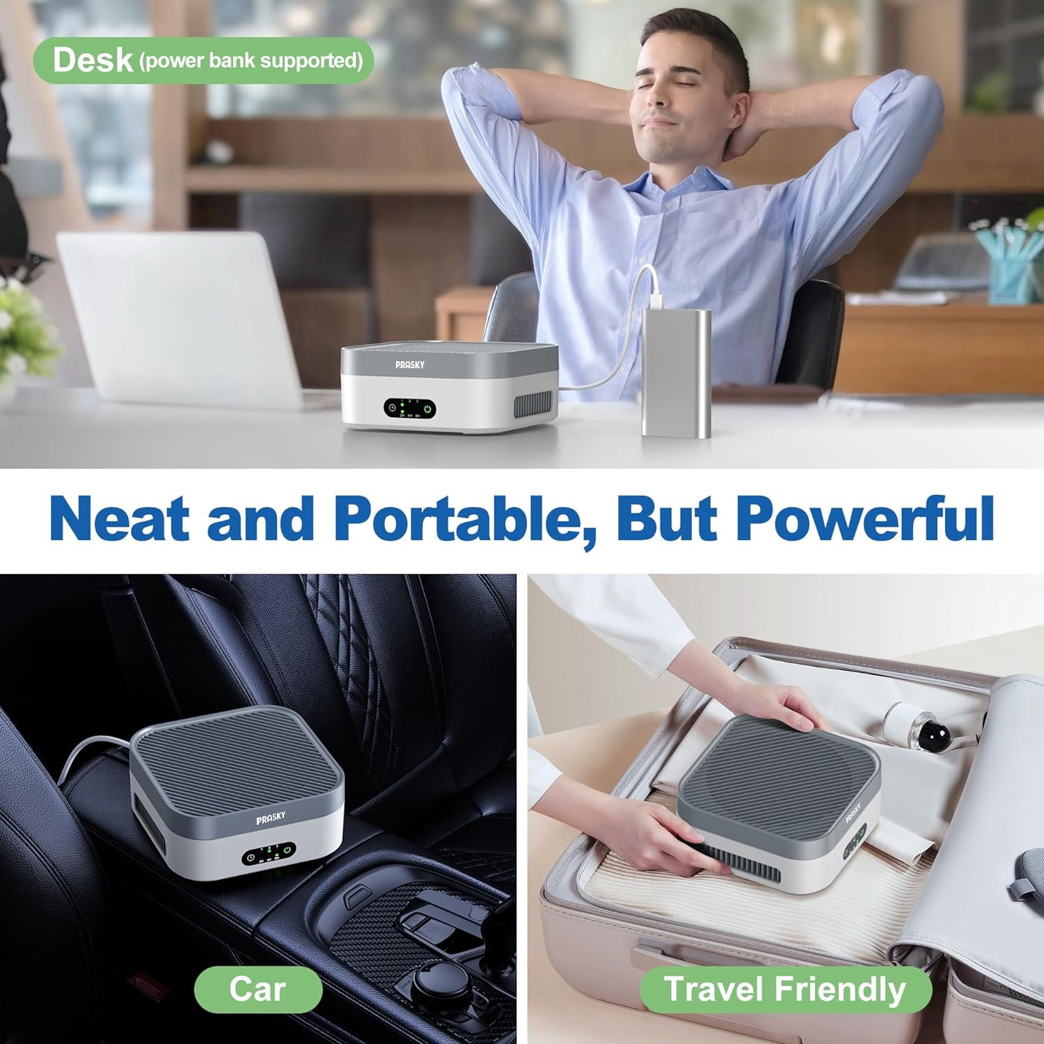 PRASKY Air Purifier for Home 600 Sq Ft Coverage, True HEPA Filter for Pets, Smoke & Allergies | Quiet & Portable for Bedroom/Travel/Car (Gray)