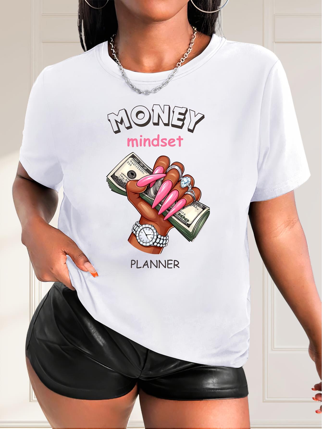 Camiseta Informal De Moda Para Mujer Con Estampado De Reloj Y Dinero Camiseta Informal De Moda Para Mujer Con Estampado De Reloj Y Dinero