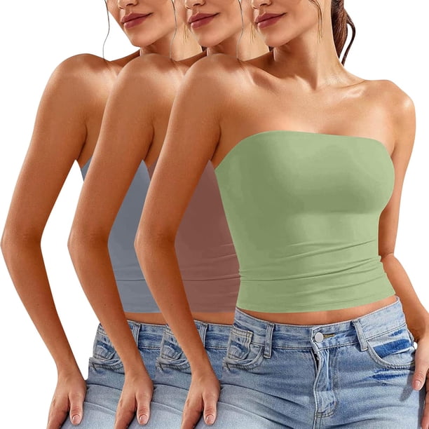 Blusa informal de verano sin tirantes de color liso para mujer, 3 piezas, de poliéster