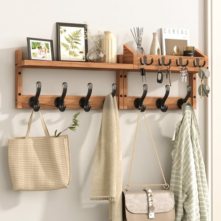 29" Coat Rack Wall Mount with Shelf,4 in 1 Coat and Key Hanger with 11 Hooks,Entryway Wall Mounted Shelf with Mail Holder for Living Room, Bedroom