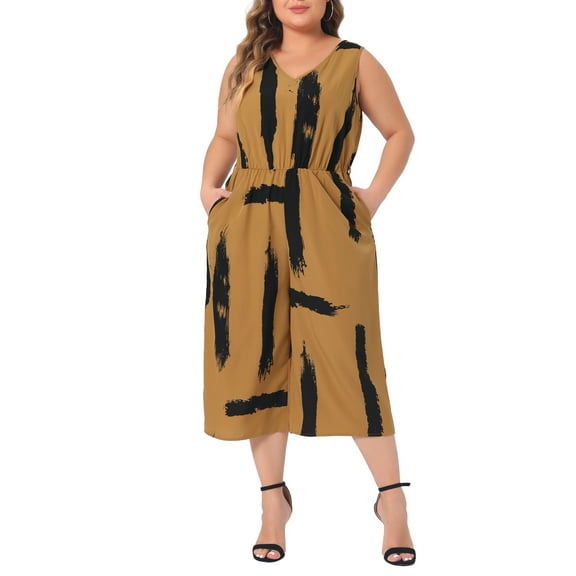 FAB CURVES Women's Plus Size Jumpsuit V Neck Sleeveless Tie Waist Wrap Rompers with Pockets 2X Brown