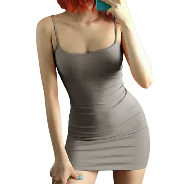 VISgogo Vestido ajustado para mujer, correa de espagueti, sin mangas, color sólido, cintura alta, mini vestidos ajustados VISgogo moda