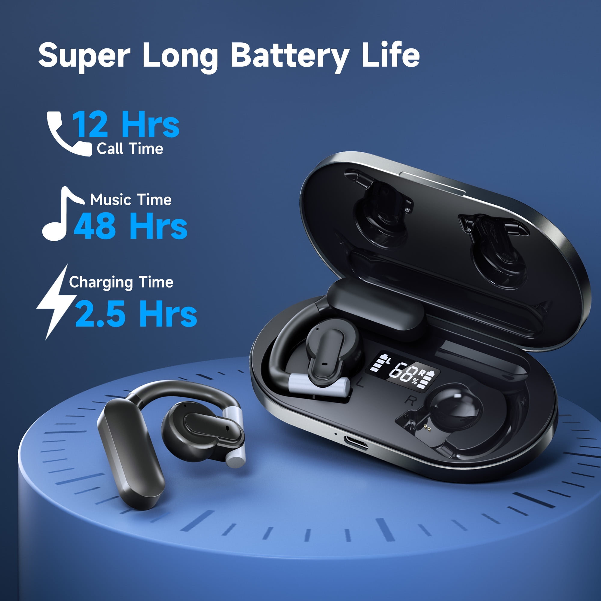 Open Ear Headphones, True Wireless Bluetooth Air Conduction Headphones with Built-in Microphone, Wireless Earbuds with Earhooks for Workout Sports Running Hiking