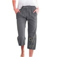 thumbnail image 3 of QATAINLAV Crop Pants for Women Loose Fit Wide Leg Linen Capris Summer Casual Drawstring Beach Pants Fashion Dandelion Print Cropped Trousers with Pockets Deals Today Prime Dark Gray S, 3 of 6