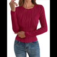 thumbnail image 3 of Blusa de Larga con Cuello Redondo para Mujer, Moda de Otoño 2025, Camiseta Básica de Punto Texturizado de Corte Entallado, Ropa Y2K Vino Tinto M, 3 of 8