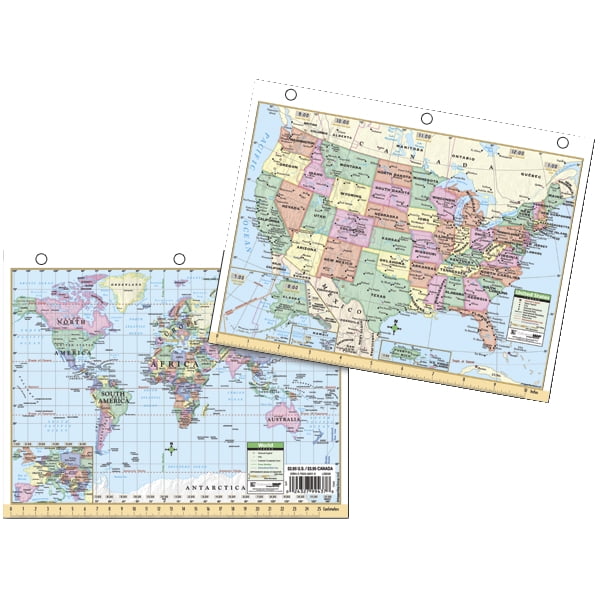 8.5 X 11 TWO SIDED PAGE US WORLD MAP WITH PAGE HOLES LAMINATED 