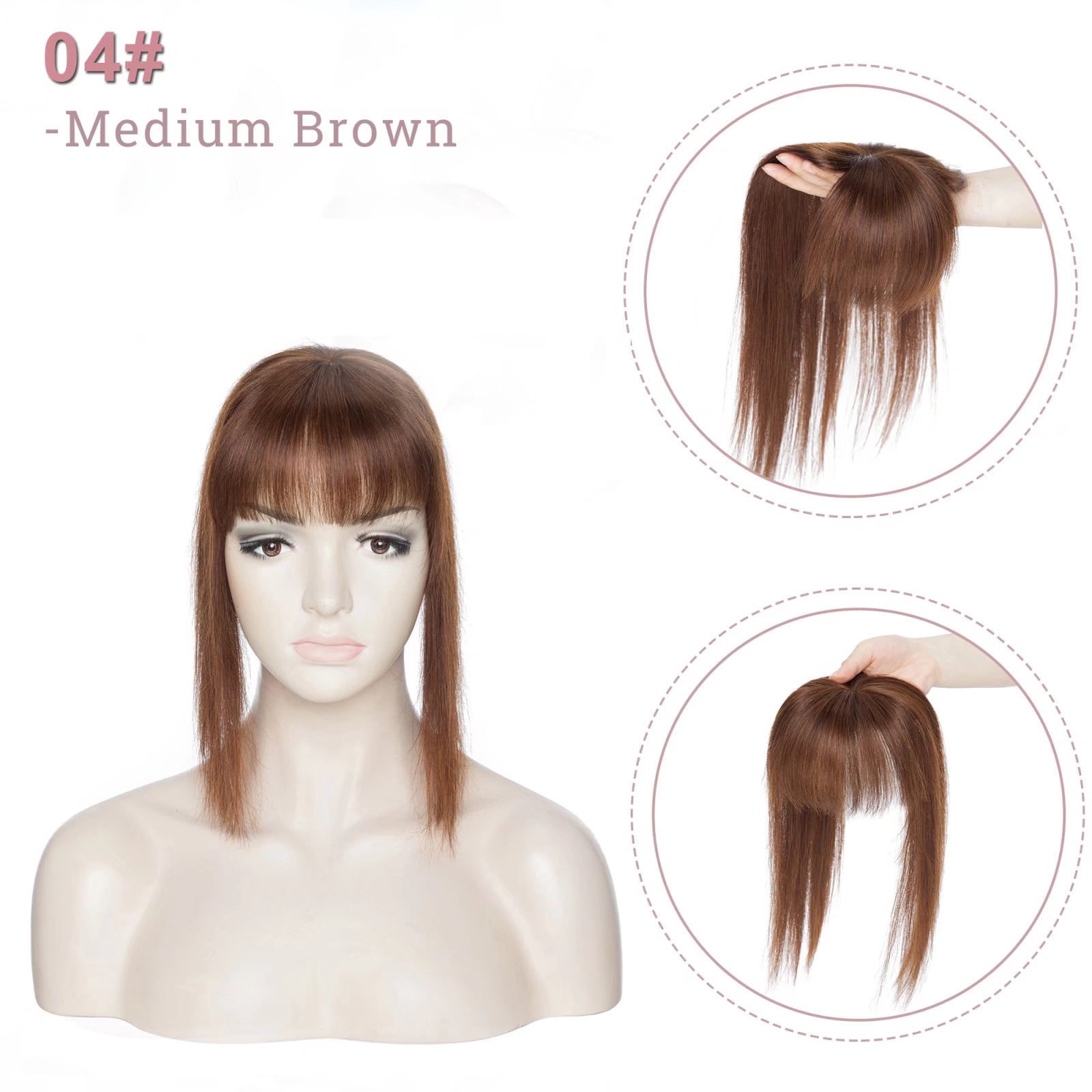 MY-LADY Hair Toppers for Women Real Human Hair with Bangs 3 Clip In Remy Topper Hairpiece for Thin Hair Natural Looking Hair Extensions 14inch #04 Medium Brown
