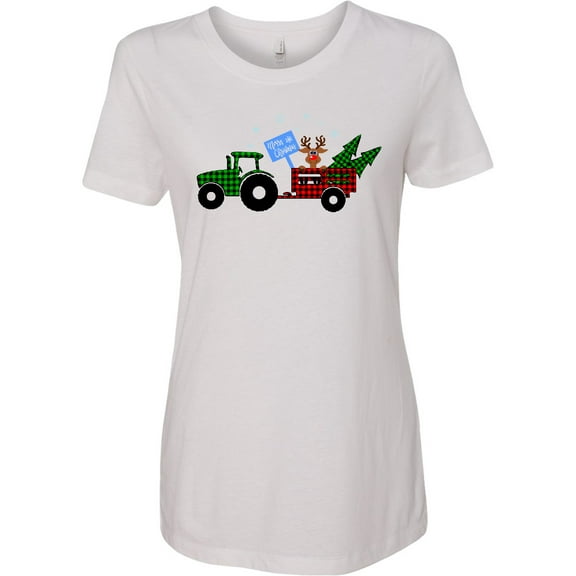 Inktastic Plaid Christmas Tractor with Cute Reindeer Women's T-Shirt