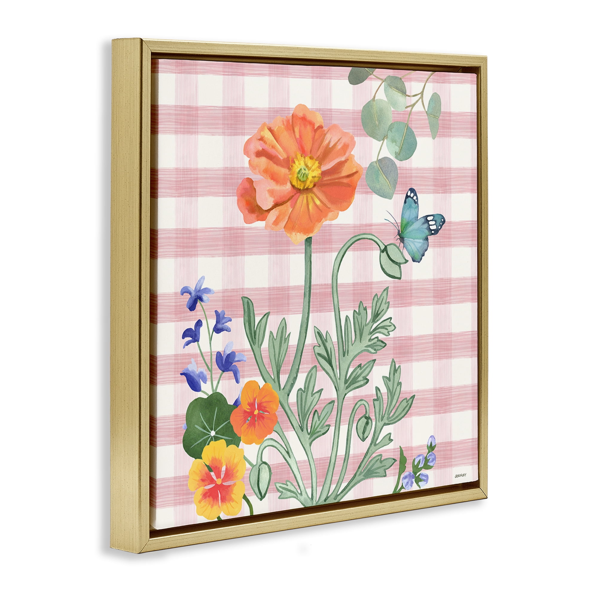 Stupell Industries Gingham Garden Poppy Botanical & Floral Painting Gold Floater Framed Canvas Art Print Wall Art, 25 x 25