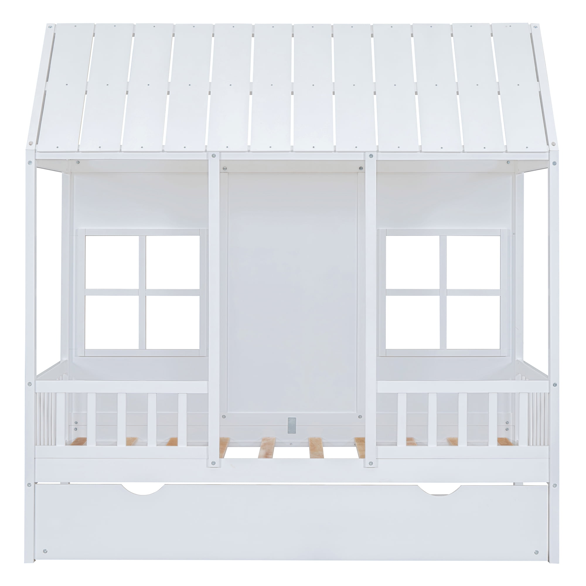 Harper & Bright Designs House Bed with Trundle Twin House Bed, Wooden Platform Bed Frame with Headboard and Roof for Girls Boys, White