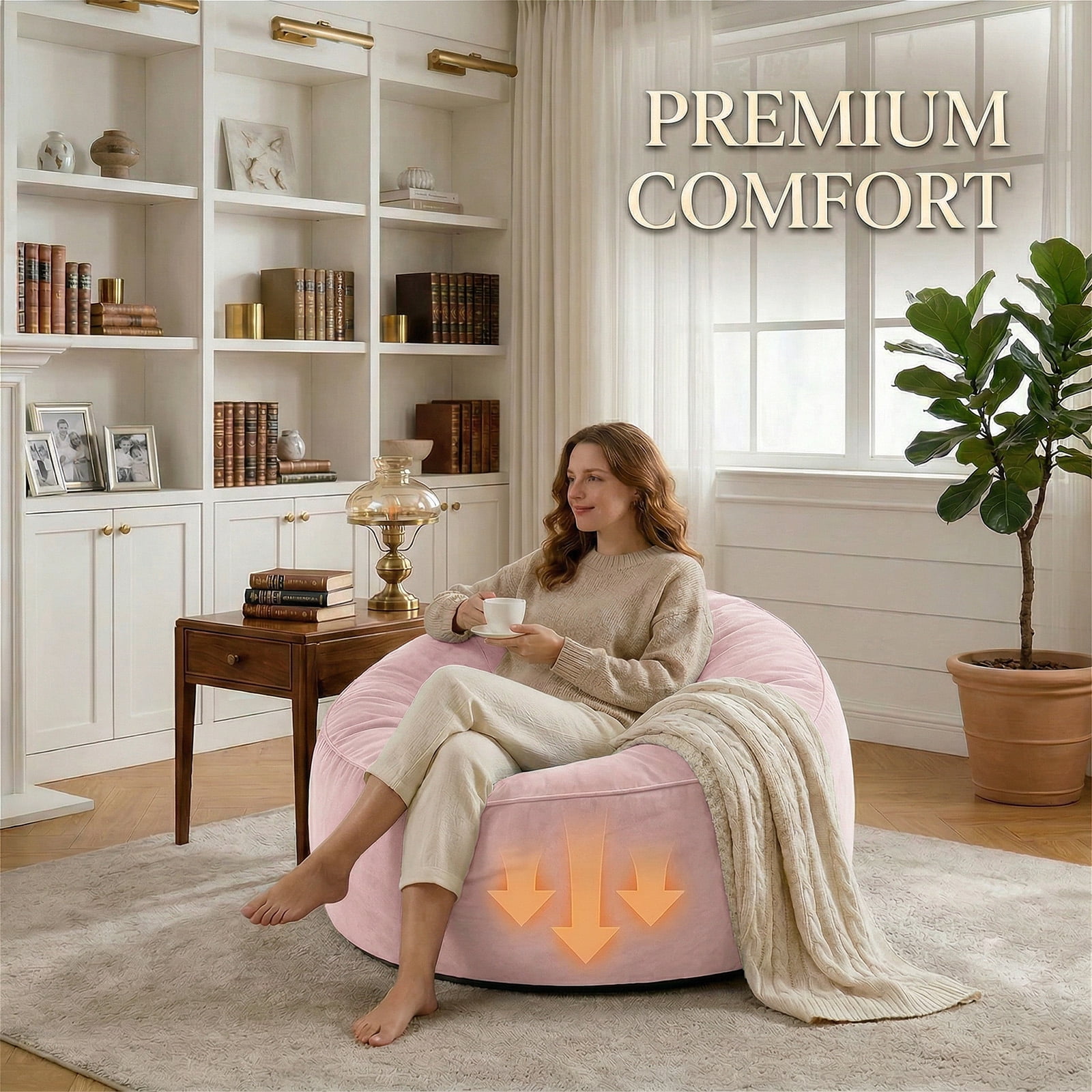 VIREO 3FT Bean Bag Chairs for Adults Memory Foam Filler Beanbag Chair with Removable and Washable Flannel Cover, Lazy Chairs for Living Room - Pink