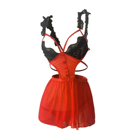 

Zuwimk Sexy Lingerie For Women Lingerie for Women Sexy Lace Babydoll Sheer V Neck Chemise See Through Floral Eyelash Nightgown Negligee Dress Red XL