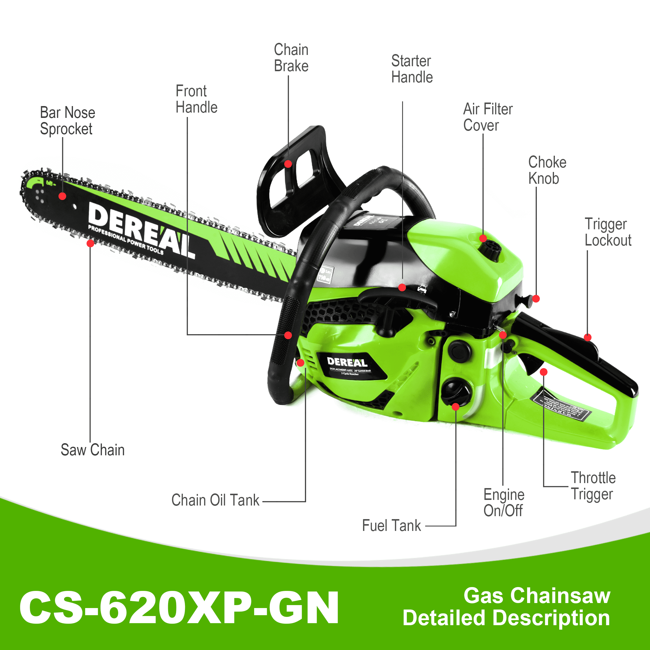 20-Inch 62CC 2-Stroke Gas Chainsaw, Heavy-Duty Gas Powered Wood Cutting Saw with Automatic Oiler & Easy Start for Farm & Home Use 620XP Green