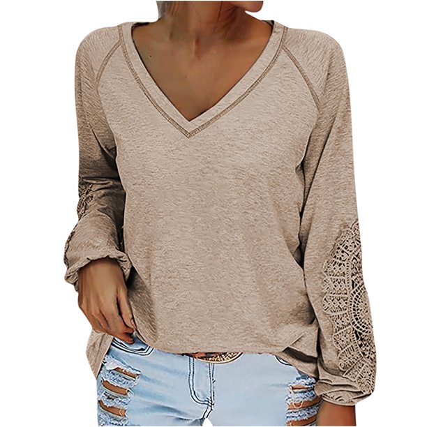 Top de manga larga con cuello en V y costuras de encaje con cuello en V para mujer Fridja fksj2866