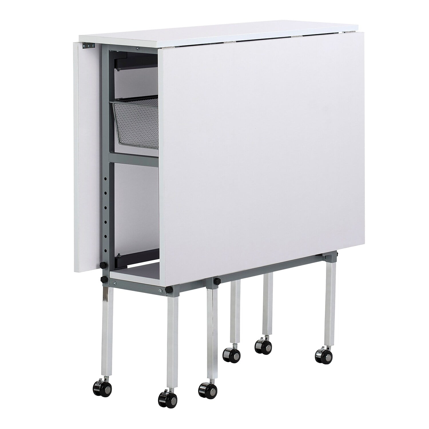 Sew Ready Folding Hobby and Fabric Cutting Table with Storage Silver Metal Frame and White Top