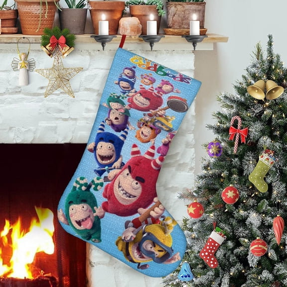 oddbods-theme Christmas Stockings，Fine white linen for Stairs Fireplace Hanging Xmas Home Decor Christmas gift17.7"X12.6"(45cm×32cm)