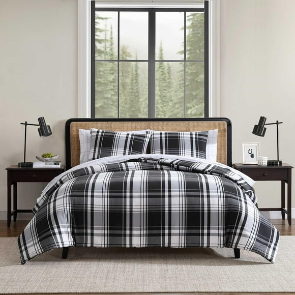 Eddie Bauer - Twin Comforter Set, Super Soft Reversible Bedding With Matching Sham, Plaid Home Decor, Oeko-Tex Certified (Saddle Mountain Plaid Black, Twin)