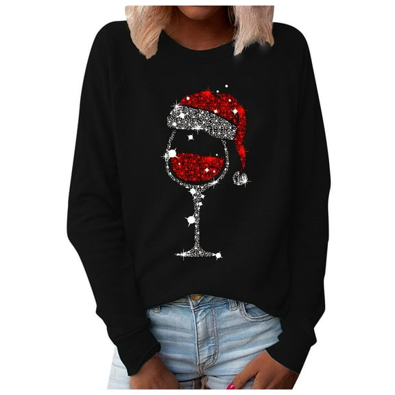 Fshinging Oversized Hoodie Womens Sweatshirts Christmas Sequin Red Glass Graphic Long Sleeve Fashion Clothes