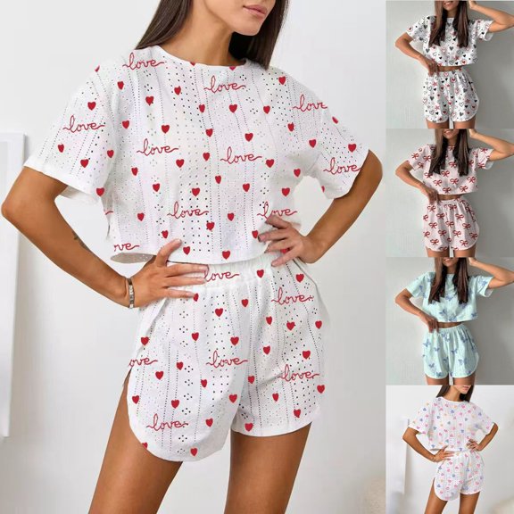 2 Piece Short Pajama Set for Women Stylish Print Crew Neck Short Sleeve Tee Shorts Loose Casual Sleepwear Black L