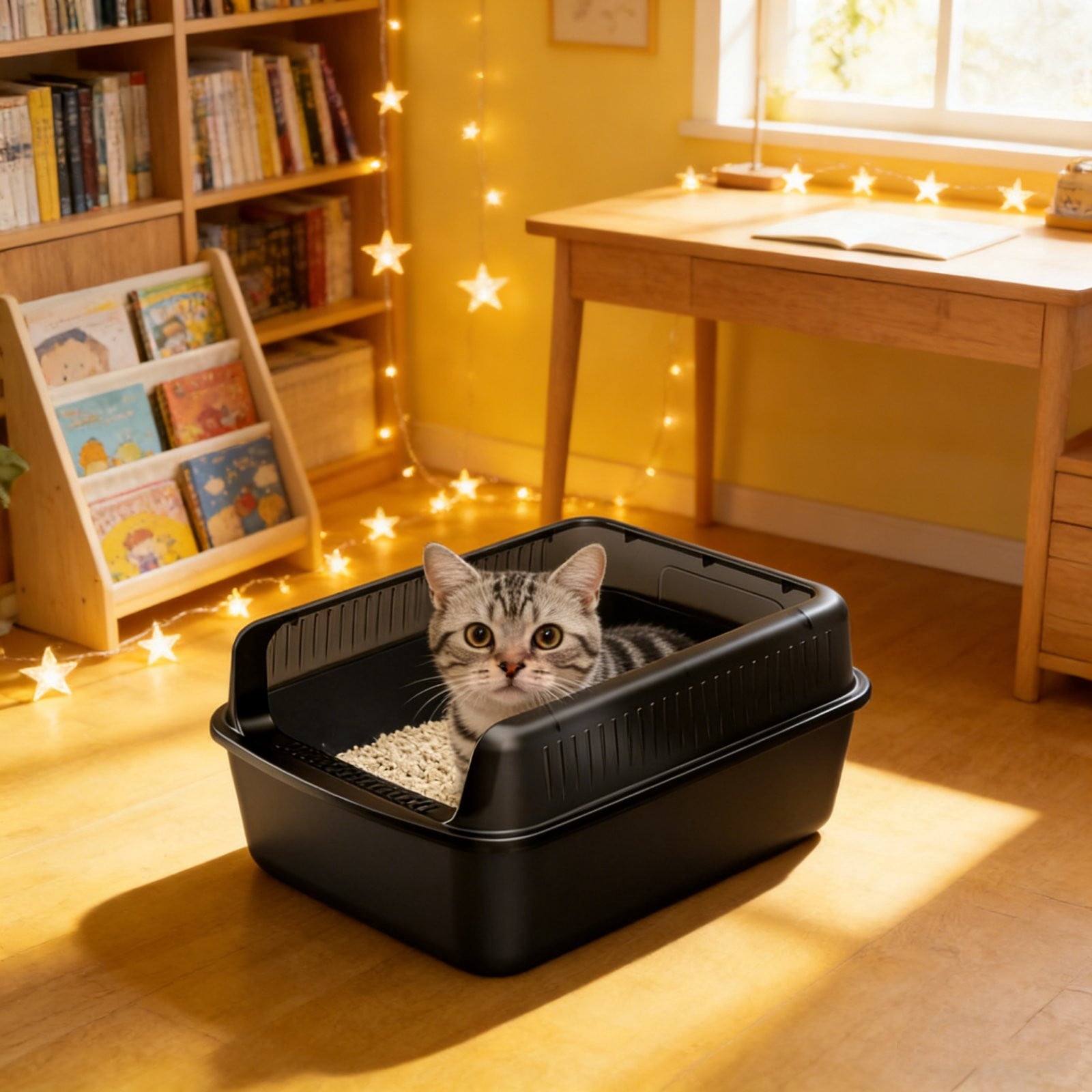 Black Semi Enclosed Cat Litter Box With Top Entry High Sides Odor Control Non Stick Easy Clean Includes Scoop 16X12X8 Inch Multiple Colors