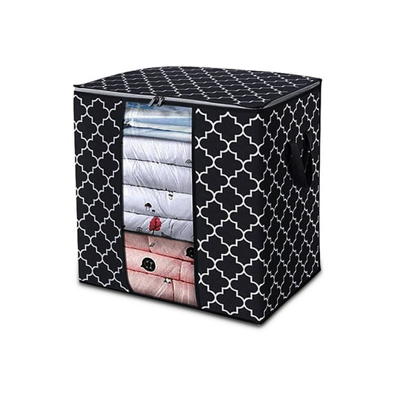 Quilt Storage Bag Zipper Closure Clothes Organizer for Closet Clothes Organizer Non-woven Fabric 1 3 4 Visible Household Container with Handle, Black