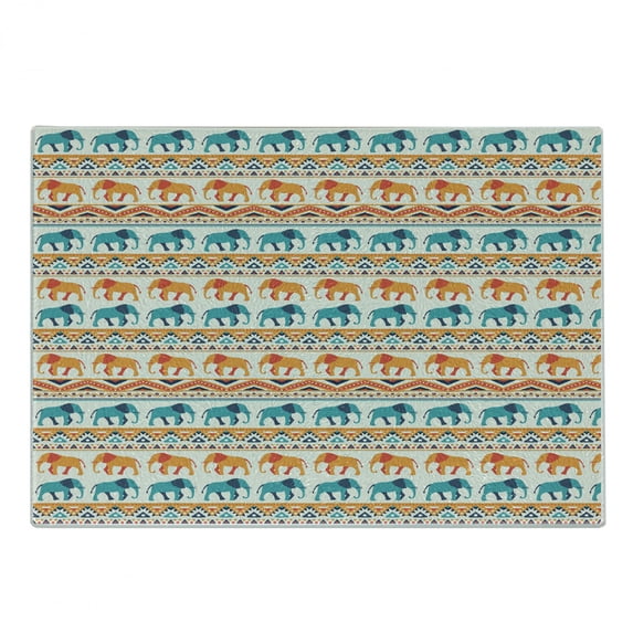 Elephant Cutting Board, Horizontal Borders with Exotic Animals Geometric Orient Design, Decorative Tempered Glass Cutting and Serving Board, in 3 Sizes, by Ambesonne