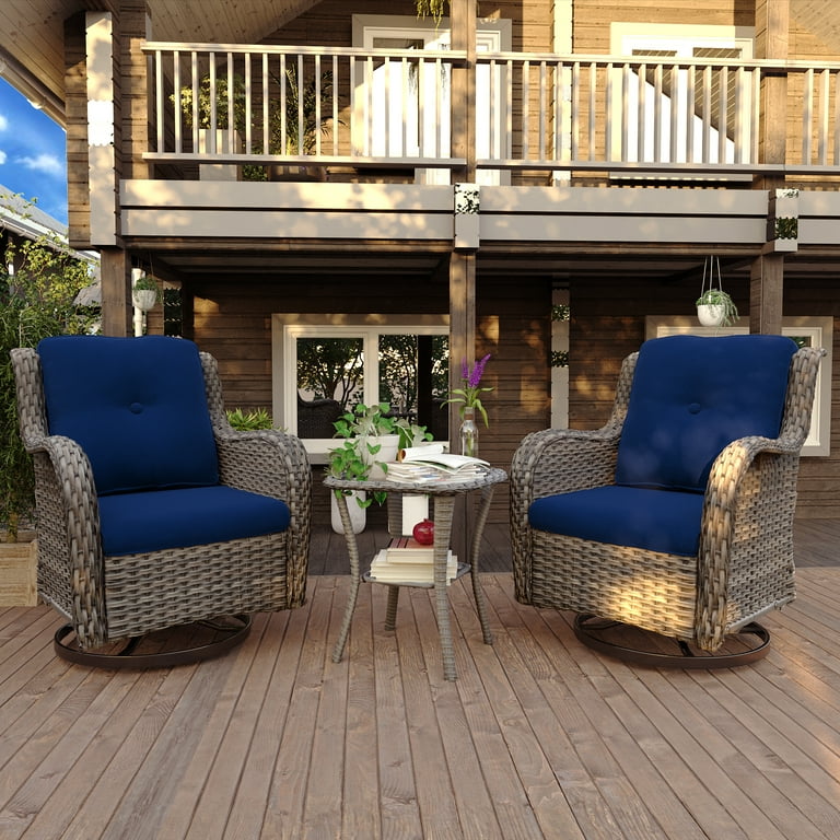 Meetleisure Outdoor Swivel Rocker Wicker Patio Chairs Sets of 2 with Table Blue