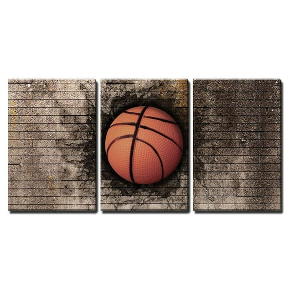 wall26 - 3 Piece Canvas Wall Art - 3D Rendering of a Basket Ball Embedded in a Brick Wall - Modern Home Art Stretched and Framed Ready to Hang - 16"x24"x3 Panels