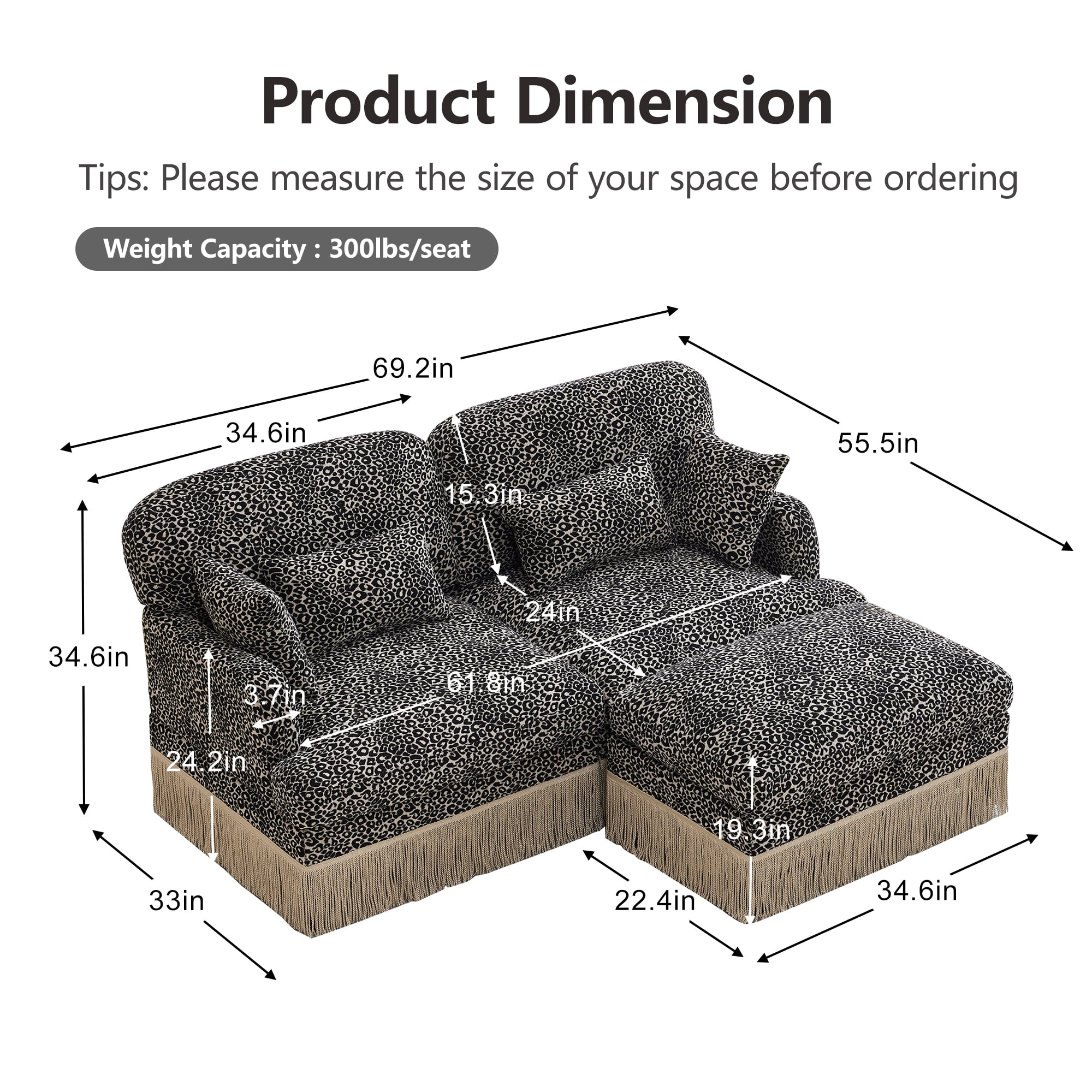 HUTWIFE Home Leopard Print Chenille Modular Sectional Sofas with 1 Movable Ottoman, Khaki Black