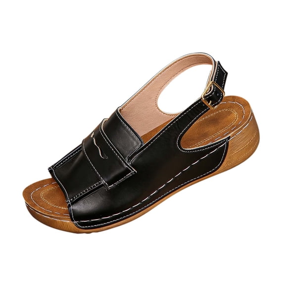 Wensltd Dressy Sandals for Women Casual Solid Color Thick Sole Beach Peep Toe Wedge Sandals Breathable for Summer Holiday Black