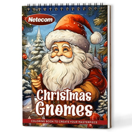Netecom Christmas Gnomes Coloring Book Spiral Bound For Adult A5 Wooden Cover 30 Fantasy Coloring Pages of Gnomes in Enchanted Holiday for Stress Relief Relaxation
