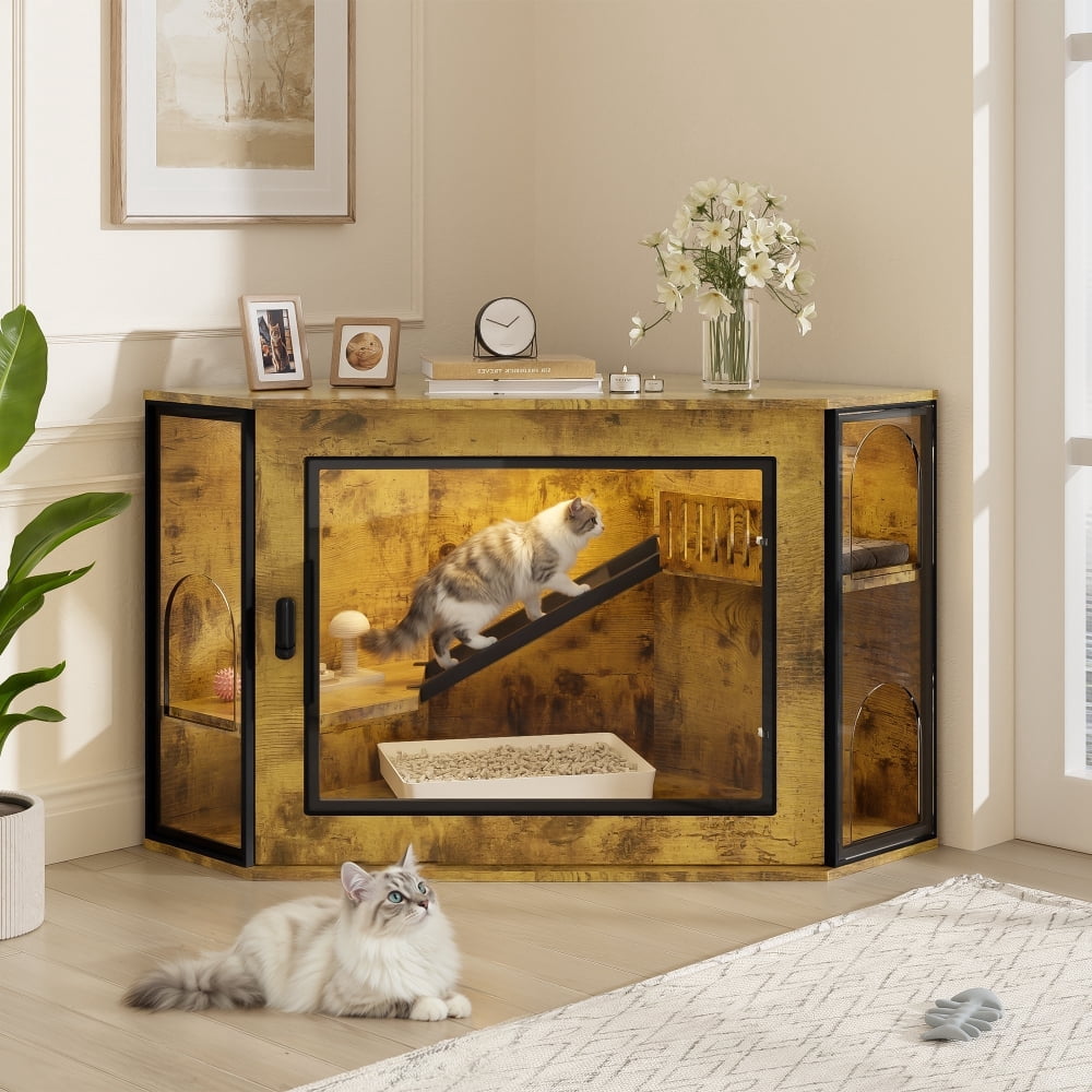 48" Corner Cat Litter Box Enclosure, Modern Hidden Cabinet with Acrylic Door & LED Light, Cat House with Playground & Stairs