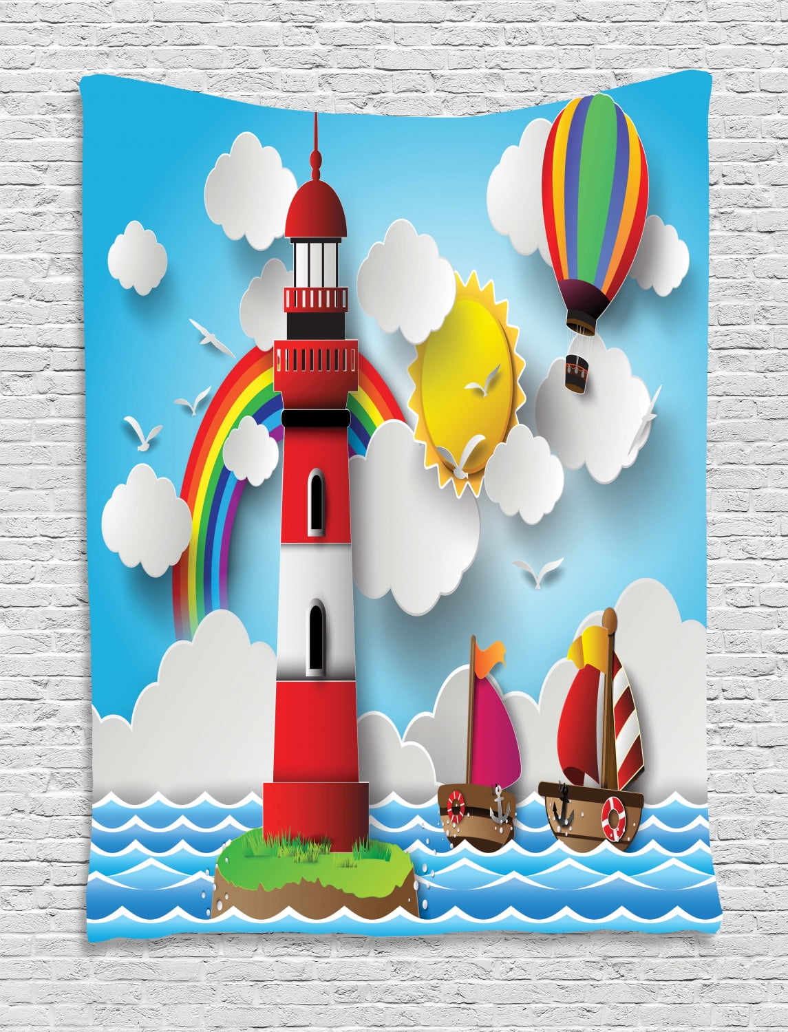 Lighthouse Tapestry Kids Coast With Sailboats Sun Rainbow Hot Air Balloon Clouds Playroom Cartoon Wall Hanging For Bedroom Living Room Dorm Decor Lighthouse Tapestry Kids Coast With Sailboats Sun Rainbow Hot Air Balloon Clouds Playroom Cartoon Wall Hanging For Bedroom Living Room Dorm Decor