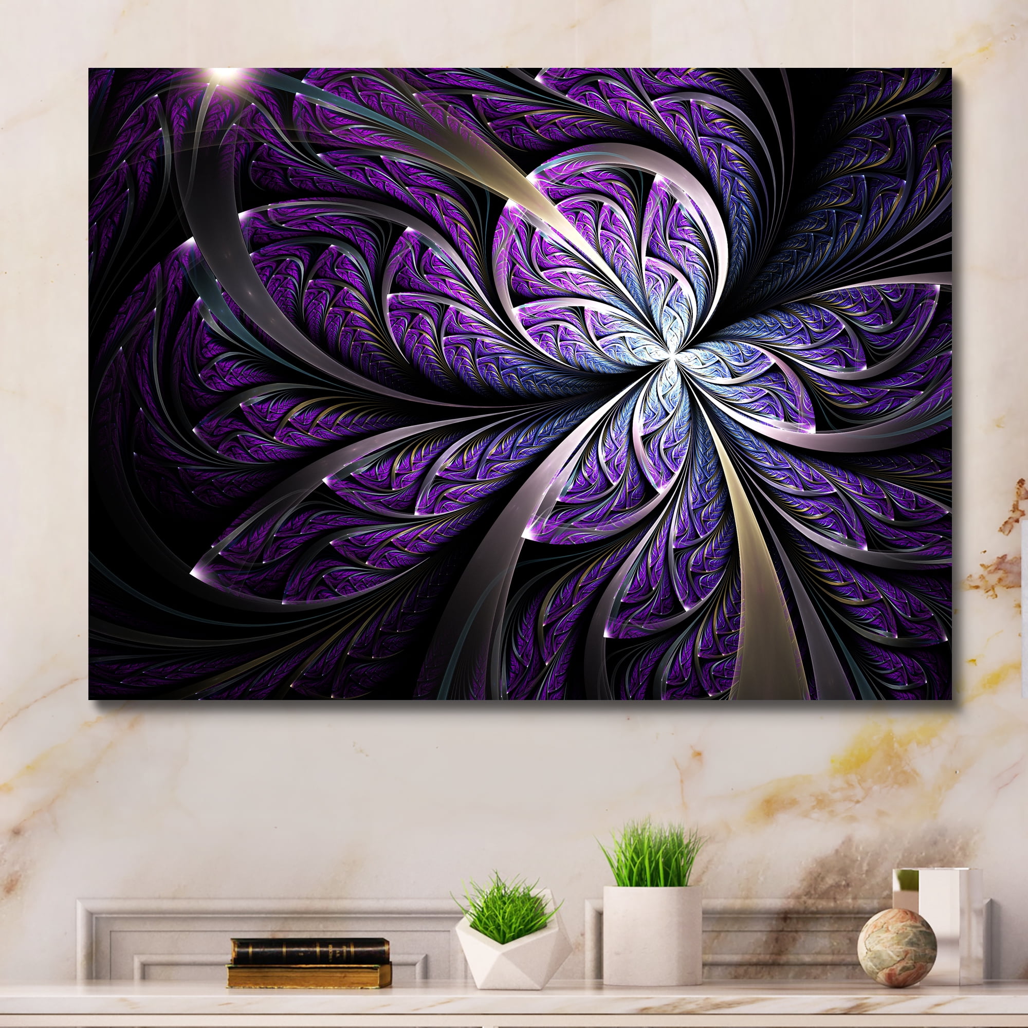 Designart 'Glittering Purple Fractal Flower ' Floral Canvas Art Print