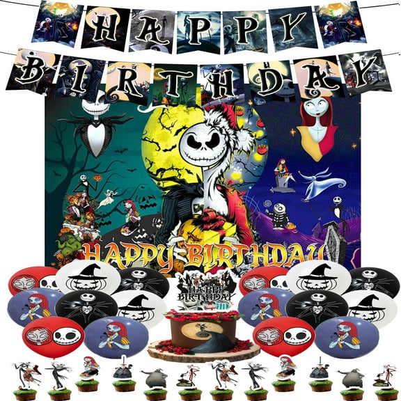 Birthday Party Supplies Set with The Nightmare Before Christmas Themed, Including Happy Birthday Banners,Background Flag,Cupcake Toppers, Balloons, Party Decor Set.