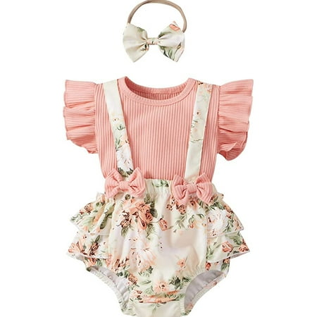 

Licupiee Newborn Baby Girl Floral Romper Ruffle Onesie Suspender Shorts Jumpsuit Cute Summer Clothes with Headband