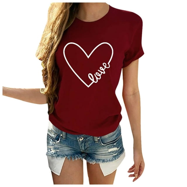 T-shirt Décontracté à Manches Courtes Col Rond Imprimé Lettre en Forme de Cœur pour Femmes pour la Saint-Valentin