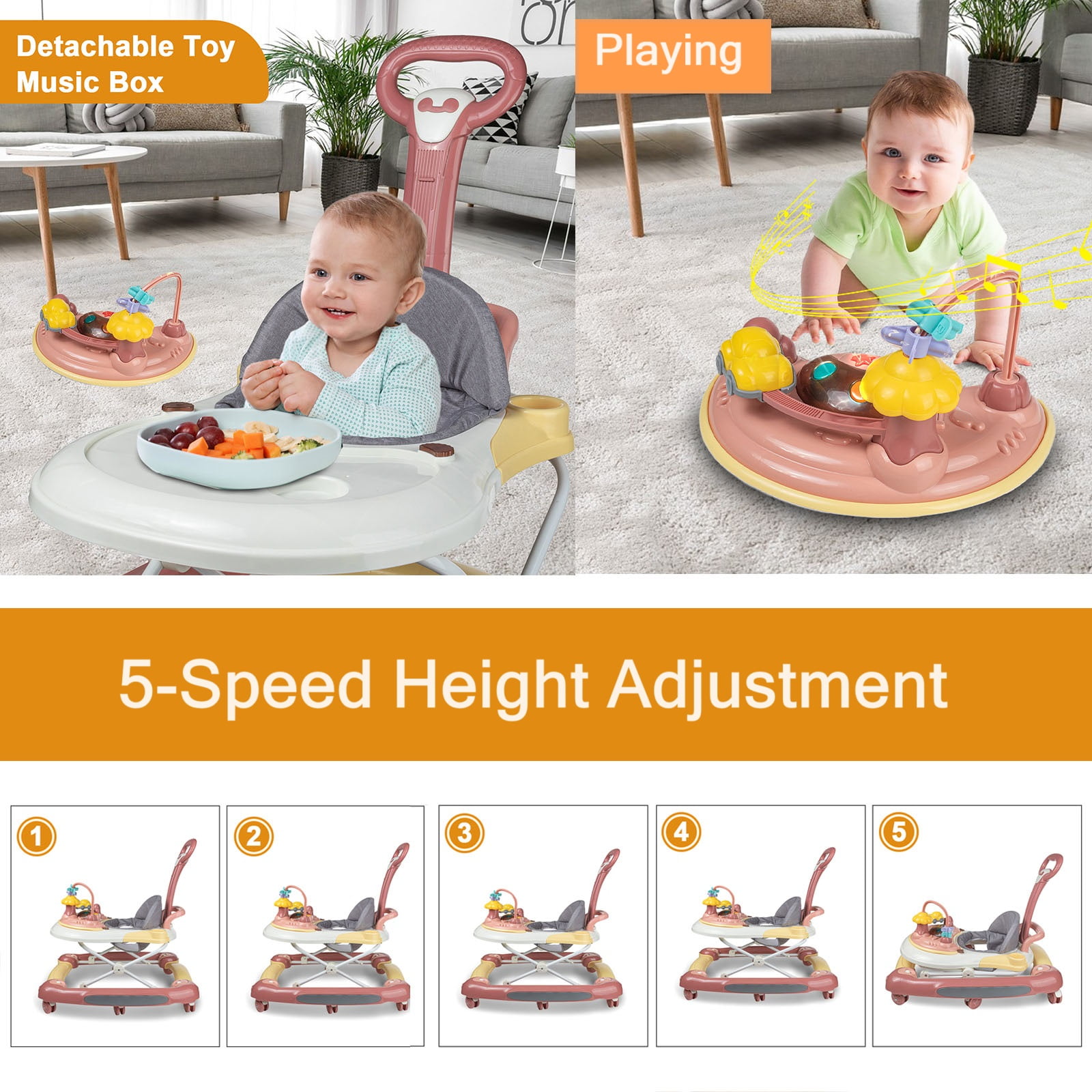 EONROACOO 5-in-1 Baby Walker for Boys Girls, Adjustable Infant Walkers with Wheels(Pink)
